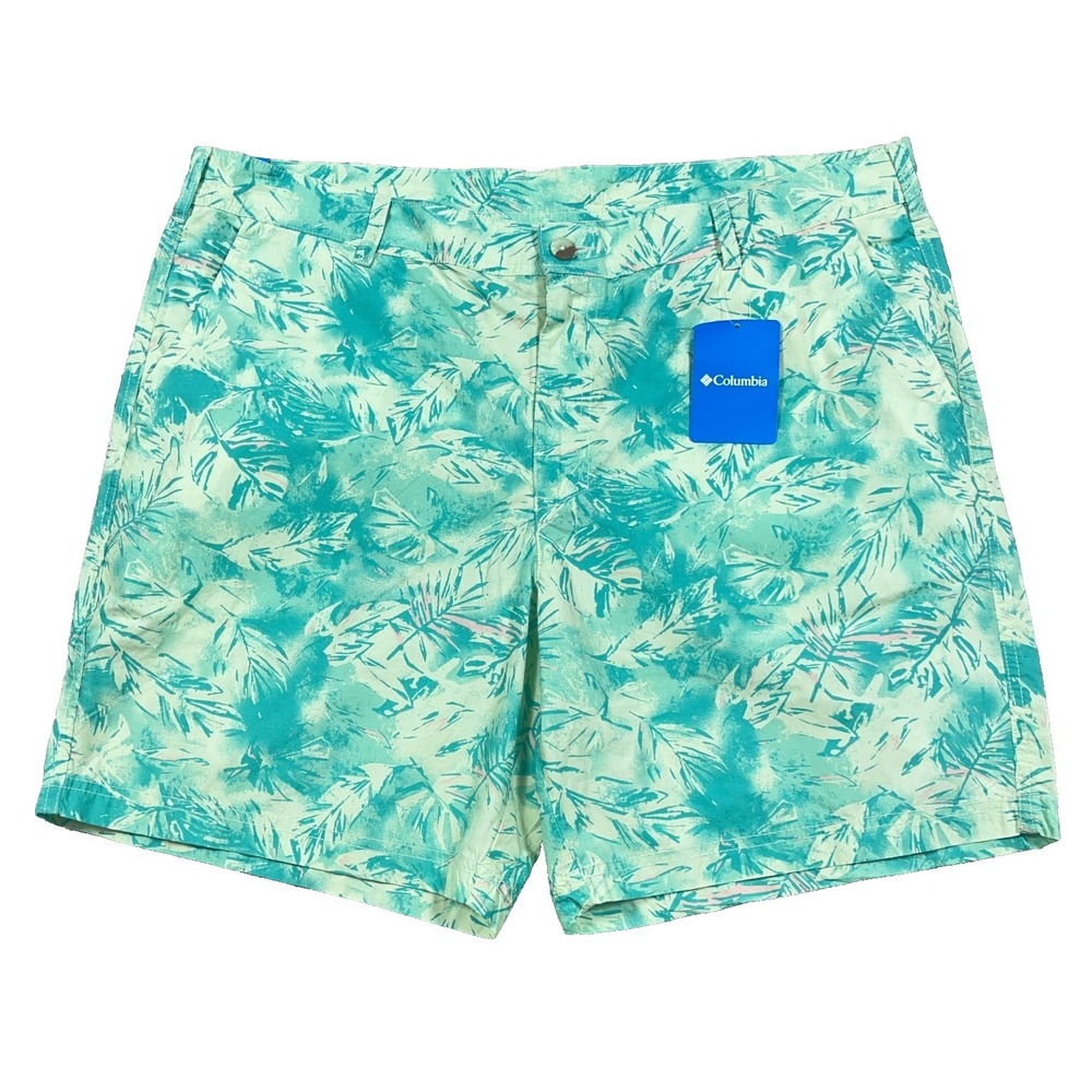 Columbia Shorts Men 40 Green Chino Palm Print Floral Washed Out Flat Front NEW